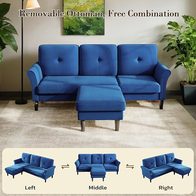Welzona Sectional Couches for Living Room, 83" Velvet Modern 3 Seater Sofa, L Shaped Couch with Ottoman, Small Sectional Couch Sofas for Living Room, Bedroom, Apartment, Office, Blue Sofa