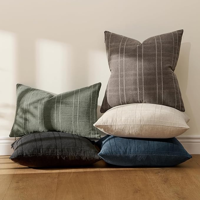 MIULEE Decorative Linen Check Euro Shams Throw Pillow Covers Neutral Farmhouse Vintage Pillow Covers 22x22 Set of 2 Boho Modern Winter Home Decor for Sofa Couch Bedroom Cushion Brown