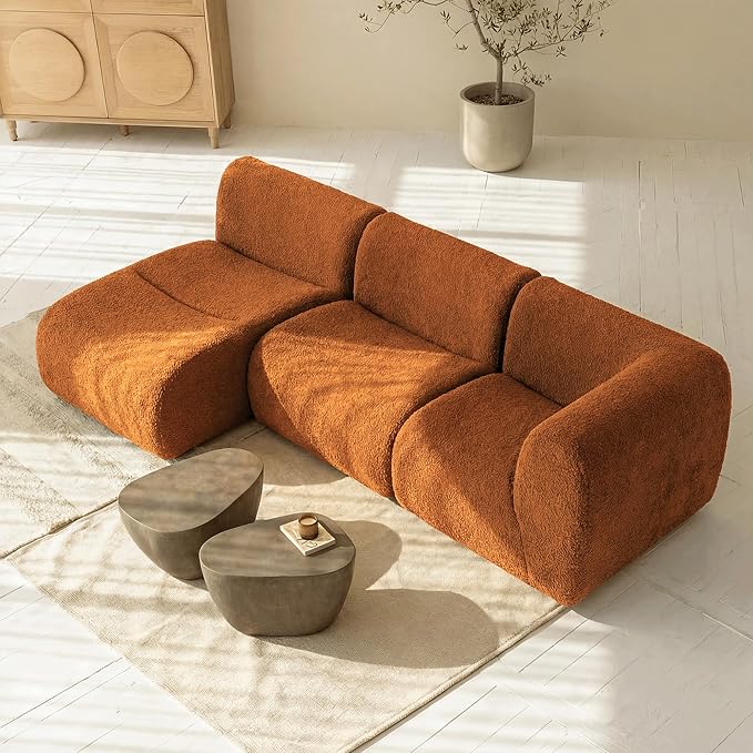 105" Curved Sectional Sofa with Chaise, Boneless 3 Seater Modular Couch, Reversible L-Shaped Couches with High-Density Foam, Modern Lounge Comfort Sherpa Sofas for Living Room – No Assembly, Brown