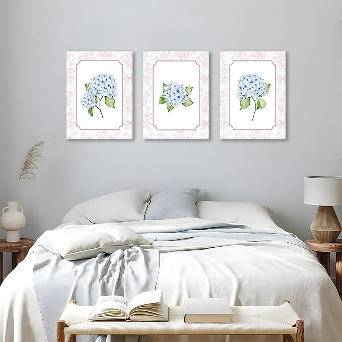 Blue Hydrangea Wall Art Set of 3, Preppy Blue Hydrangea Canvas Prints Poster Picture, Floral Aesthetic Wall Decor for Teen Girls Bedroom Dorm Apartment 12x16 Inch Framed