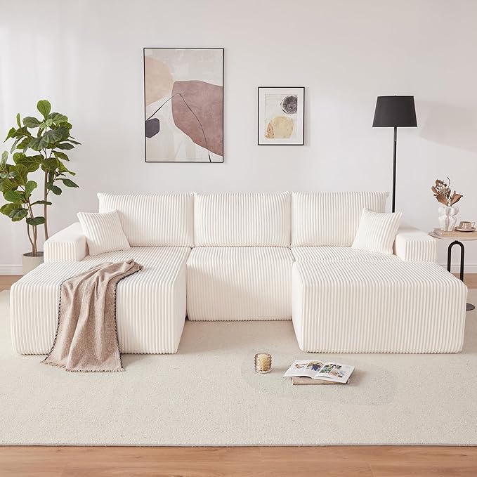 Weture 108” Modular Sectional Couches, Modern Modular U-Shape Sofa with Chaise, Cloud Sectional Couch with Deep Seat, Upholstered Boneless Sofa for Living Room (Corduroy, Beige)