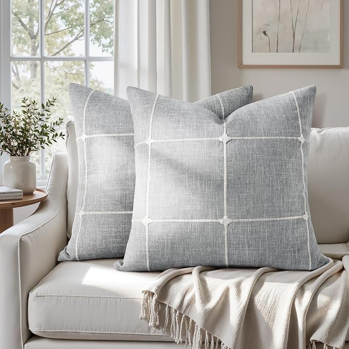 HOMEIDEAS Decorative Plaid Throw Pillow Covers 20x20 Set of 2, Grey Farmhouse Pillow Covers, Neutral Faux Linen Cushion Covers for Couch Sofa Bed Home Decor