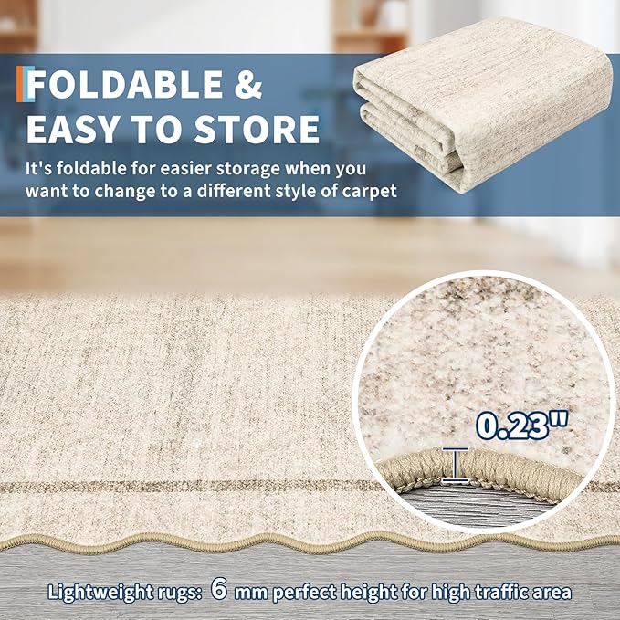 GarveeHome Scalloped Washable Round Rugs, Non-Slip Soft Round Rug 4 ft Ultra-Thin, Small Boho Circle Stain Resistant Low Pile Carpet for Entryway Kitchen Bedroom Nursery Bathroom, Beige