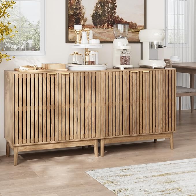 Kiasthome Wooden Sideboard Buffet Cabinet with Slatted Ventilation Doors & Adjustable Shelf, Sideboard Cabinet Storage Cabinet with Ample Storage for Dining Room Entryway (Natural Wood)