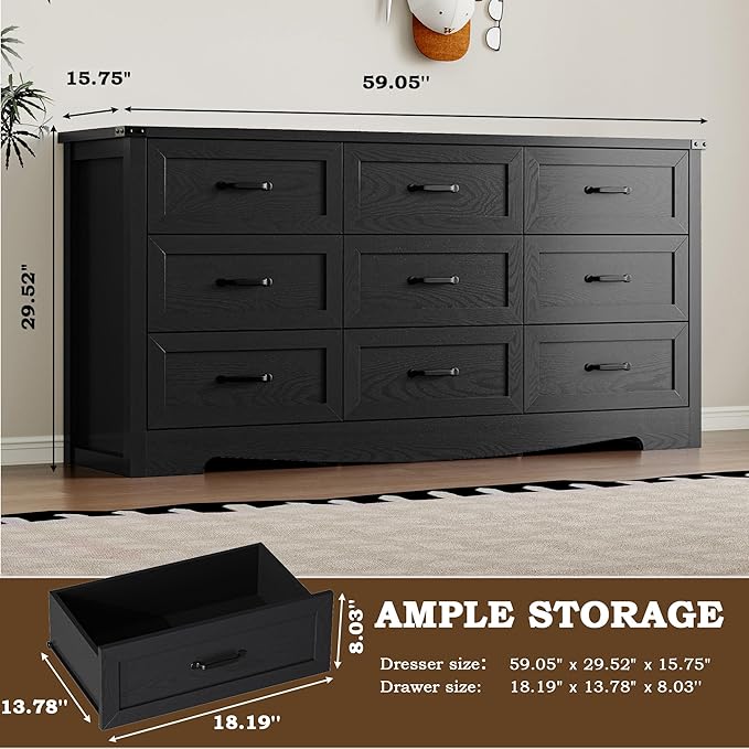 BORNOON 9-Drawer Dresser for Bedroom, Modern Wooden Chest of Drawers with Metal Handles, Anti-Tipping Design, Sturdy and Stable Storage Organizer for Living Room, Entryway, Home Office
