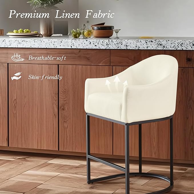 Counter Height Bar Stools Set of 3,Modern Counter Height Bar Stools,Fabric Upholstered Barrel Barstools with Backs,26'' Kitchen Island Chairs,Metal Black Frames,Off White Linen