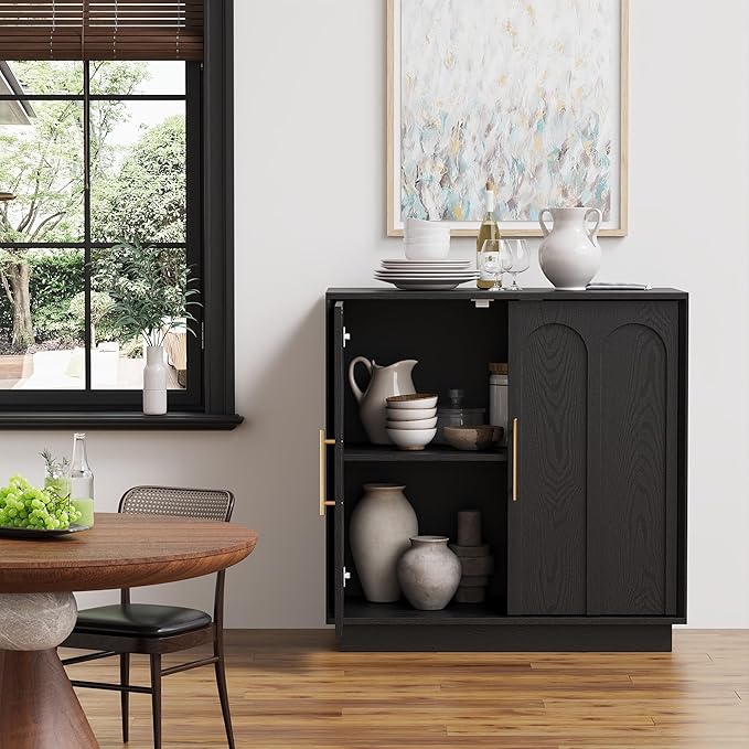 FORTUNETEC Sideboard Buffet Cabinet with Storage Set of 3, Mid Century Modern Accent Cabinet with Arched Doors, Modular Media Console, Credenza for Living Room Kitchen Dining Room Entryway, Black