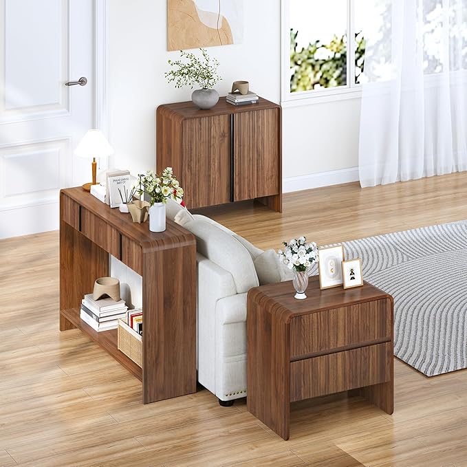 Bifins 31.5” Fluted Sideboard Buffet Cabinet with Storage,Mid Century Modern Small Wood Storage Cabinet with Arched Profile for Dining Room Kitchen Living Room (Brown 2pcs)
