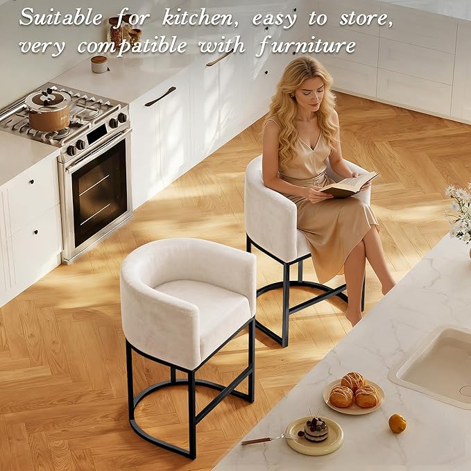 26" Modern Counter Height Bar Stools,Velvet Fabric Upholstered Barrel Barstools with Backs,Island Chairs bar stools Set of 1,Metal Black Frames,Beige White Velvet