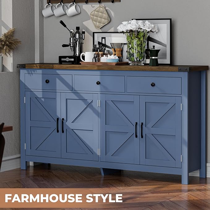 VVFLU 63" Sideboard Buffet Cabinet with Storage, Coffee Bar with 3 Drawers and 4 Barn Doors, Long Wider Storage Cabinet Modern Farmhouse, Blue Wood, for Kitchen, Dining Room, Living Room