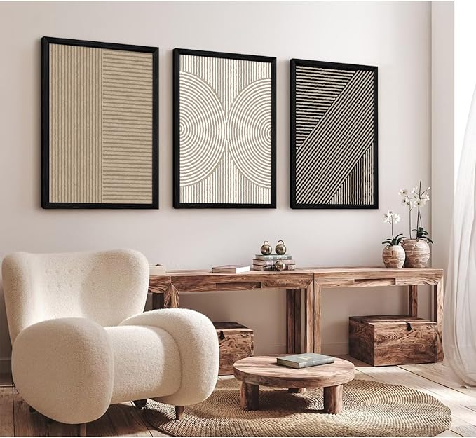 Boho Modern Wall Art Pictures Neutral Abstract Canvas Wall Decor Minimalist Line Wall Art Beige Brown Black Poster Mid Century Painting Artwork for Living Room Bedroom 16x24x3 Inch Wood Framed