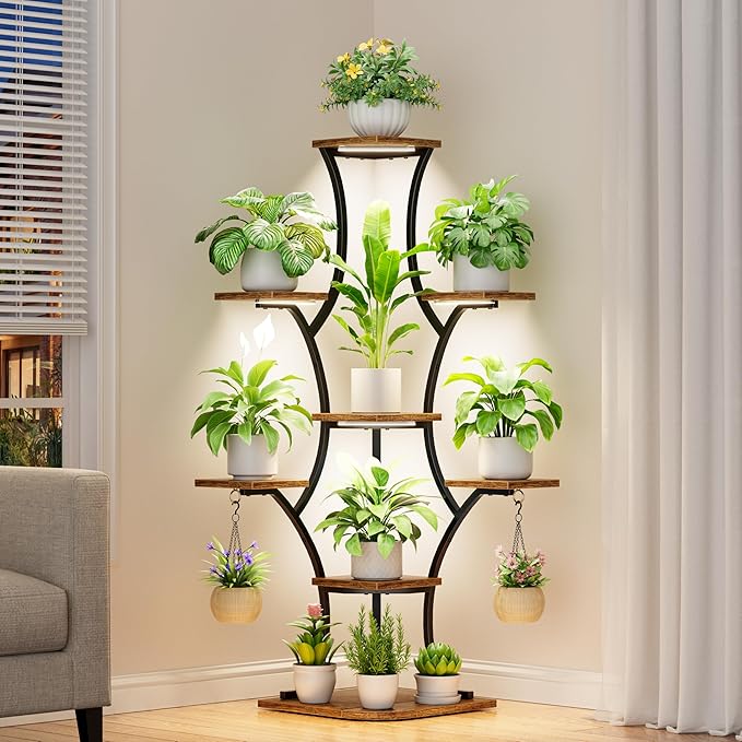 Corner Plant Stand With Grow Lights - 52.7" Indoor Plant Stand, Corner Plant Shelf For Indoor Plants, 8 Tiered Lighted Flower Holder, Tall Display Rack For Living Room, Hallway, Home, Black & Brown