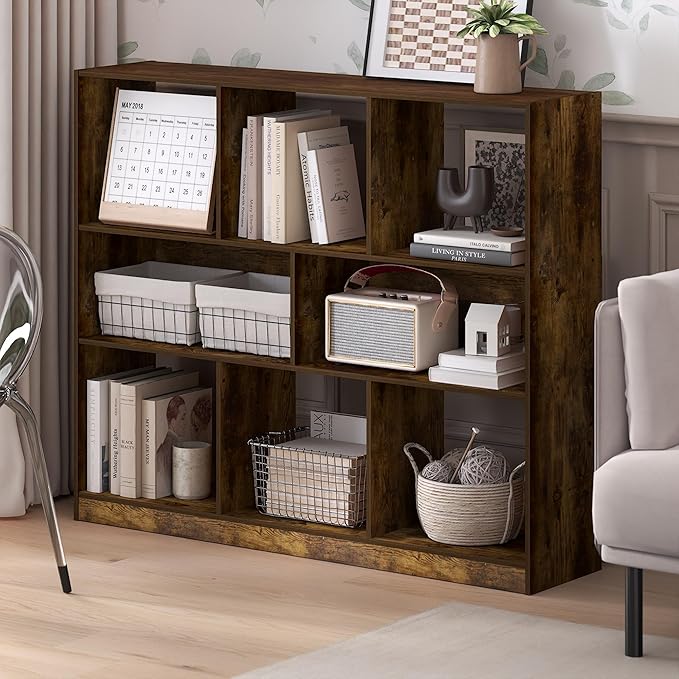 Furinno DALY Book Shelf, 8-Cube Bookshelf, Horizontal Cube Storage Organizer Bookcase, 10.9 x 47.2 x 39.4, for Living Room, Bedroom, Home Office, Amber Pine