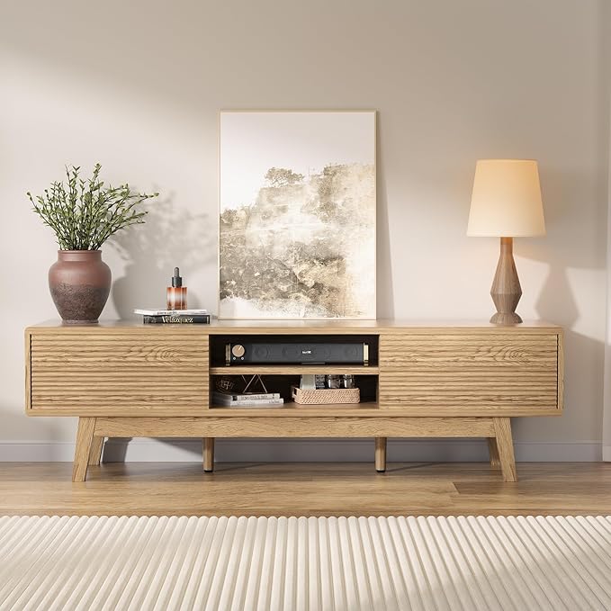 MU 59 Inch TV Stand for TVs up to 65 Inch, Mid Century Modern TV Console with Fluted Sliding Doors & Shelves, Low Profile Entertainment Center for Bedroom, Living Room (Oak, 59")