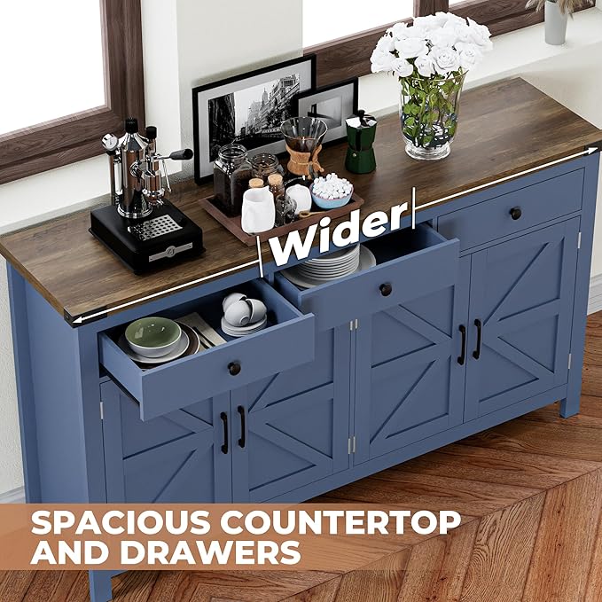 VVFLU 63" Sideboard Buffet Cabinet with Storage, Coffee Bar with 3 Drawers and 4 Barn Doors, Long Wider Storage Cabinet Modern Farmhouse, Blue Wood, for Kitchen, Dining Room, Living Room