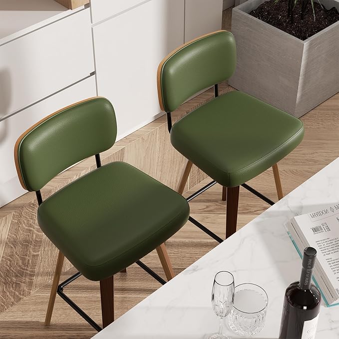 Swivel Bar Stools Set of 2, 26" Upholstered Faux Leather Counter Height Barstools with Walnut Back & Bentwood Legs, Mid Century Modern Bar Chairs Island Stools for Kitchen Counter, Green