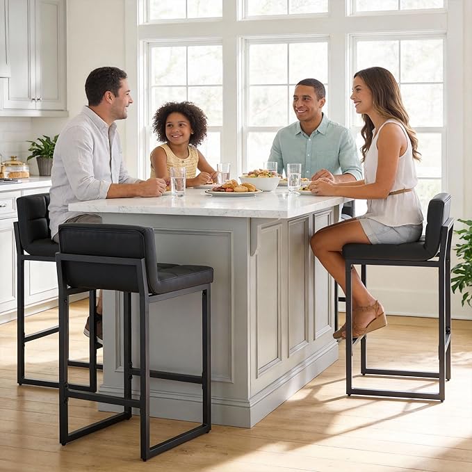 FIRAVOE Bar Stools Set of 3, Upholstered Faux Leather Counter Height Barstools with Low Back and Thickened Metal Legs, Modern Bar Chairs for Kitchen Island, Bar (Black, 3Pcs 26" Counter Stools)