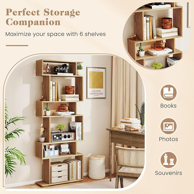 Giantex 6-Tier Geometric Bookshelf, S-Shaped Bookcase with 2 Anti-Tipping Kits, Wooden Display Shelf, Decorative Storage Shelving Unit, Home Storage Organizer for Office Living Room (1,Natural)