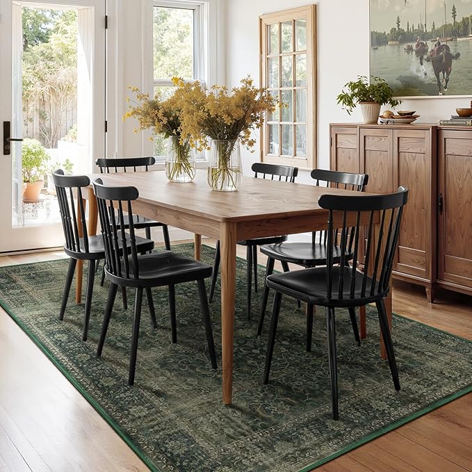 Dark Green 5x8 Living Room Rug, Vintage Washable Low Pile Area Rugs for Bedroom, Dining Room Rug Under Table Non Slip, Distressed Earth Tone Carpet Rugs for Den/Home Office