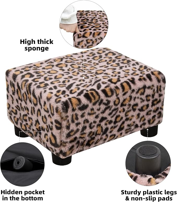 CAROLMADE Small Foot Stool Ottoman Footstool with Legs Under Desk Footrest for Living Room Bedroom and Office, Faux Fur Pink