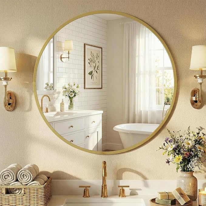NEWBULIG 24 Inch Round Wall Mirror, Bathroom Mirror for Over Sink, Matte Metal Framed Circle Vanity Mirror, Wall Decor for Bedroom, Entryway, Anti-Rust, Tempered Glass, Hanging or Leaning, Gold