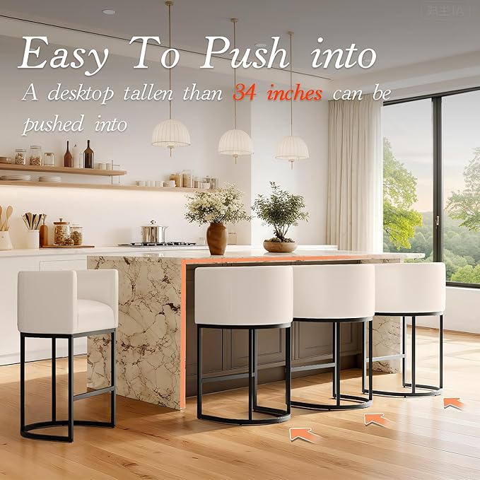 Modern Counter Height Bar Stools,Bar Stools Set of 4,PU Leather Upholstered Barrel Barstools with Backs,26'' Kitchen Island Chairs,Metal Black Frames,Beige White Leather