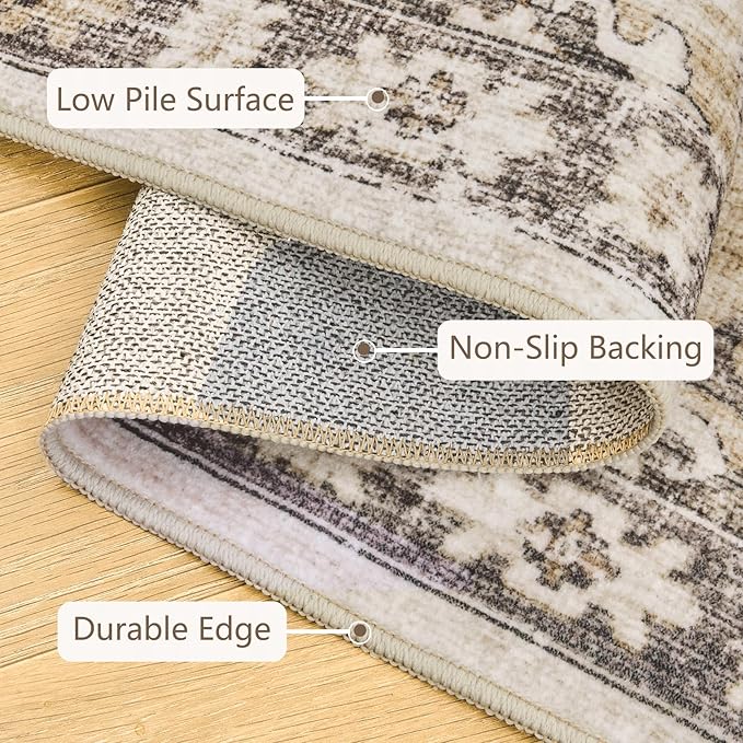 befbee 6x9 Area Rugs for Living Room, Stain Resistant Neutral Washable Rugs for Dining Rooms, Floral Vintage Non-Slip Thin Large Size Area Rug(Brown)