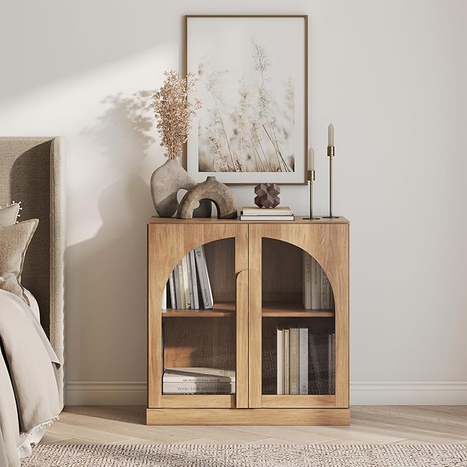 BELLEZE Bijou 31.5" Modular Sideboard Cabinet & TV Stand Console - Expandable Design w/Arched Glass Doors - Use Solo or Combine for Buffet, Living Room Media Center & Entryway - 70lbs Capacity, Camel