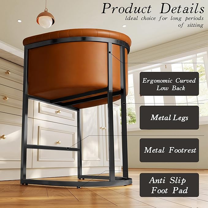 Modern Counter Height Bar Stools,Bar Stools Set of 2,PU Leather Upholstered Barrel Barstools with Backs and Arms,26" Kitchen Island Chairs,Metal Black Frames,Camel Brown Leather