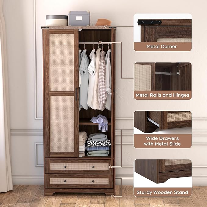 Brafab Armoire Wardrobe Closet with 2 Rattan Doors, 71" Farmhouse Tall Freestanding Coat Closet Wardrobe Cabinet with Drawers and Hanging Rail, Wooden Armoire Storage Cabinet with Shelf for Bedroom