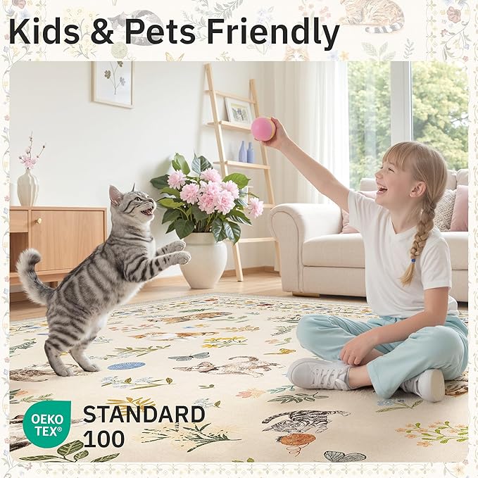 Soalmost Cat 3x5 Area Rugs for Entryway, Machine Washable Animal Floral Accent Rug Non-Slip Low Pile Soft Throw Rugs for Kitchen Bedside Living Room Bedroom Kids Room (3 x 5,Beige)