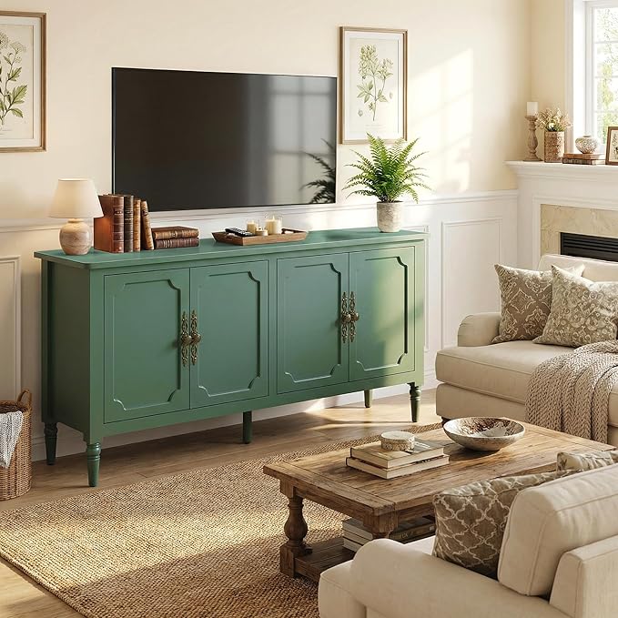 RoyalCraft 59" Buffet Cabinet with Storage, Vintage Sideboard with Adjustable Shelves & Carved Handle, Mid Century Modern Painted Credenza Coffee Bar for Kitchen, Dining Room, Forest Green