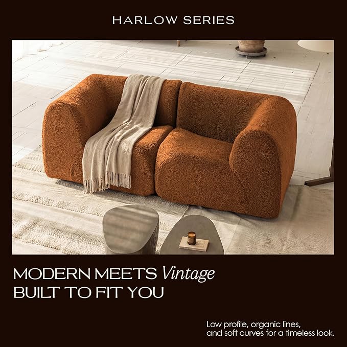 Curved Single Sofa Corner Chair, 38" Boneless Sherpa Couch, Comfy Teddy sofas for Small Spaces, Modern Sectional Modular Couches for Living Room, Bedroom, Apartment, Dorm, Office– No Assembly, Orange