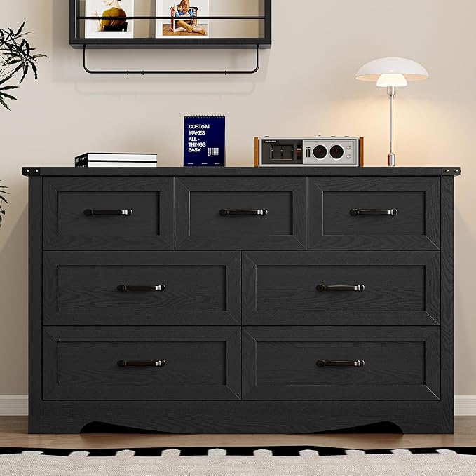 BORNOON 7-Drawer Dresser for Bedroom, Modern Wooden Chest of Drawers with Metal Handles, Anti-Tipping Design, Sturdy and Stable Storage Organizer for Living Room, Entryway, Home Office