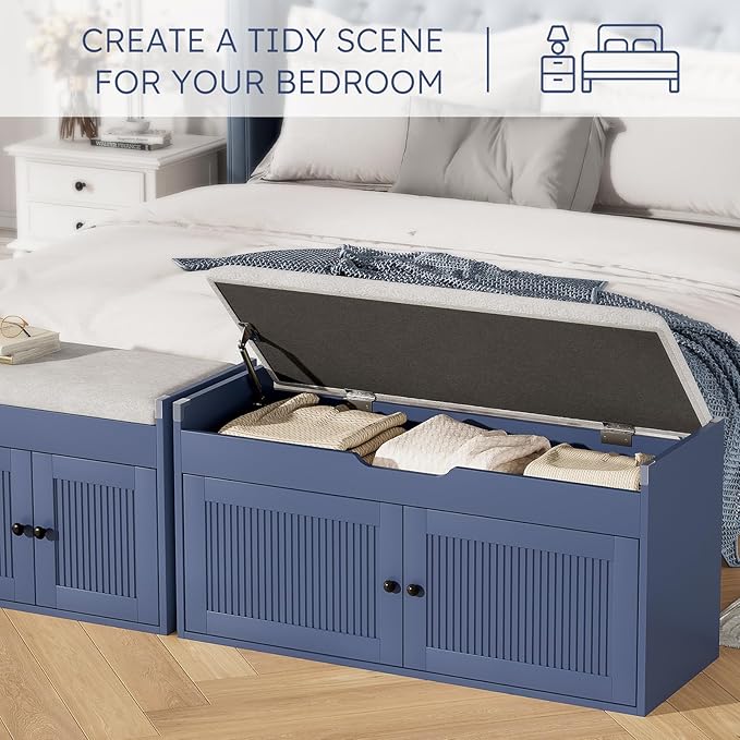 47.2" Storage Bench - Entryway Shoe Bench with 4 Doors and Top Storage Area, Multifunctional Entryway Bench with Lift Top Cushion, Shoe Storage Bench for Bedroom, Living Room, Blue