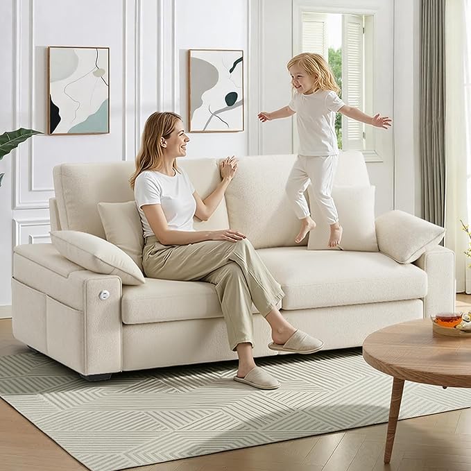 76.38'' Modern Loveseat Sofa, 2 Seats, Beige | USB/Type-C Port, Side Storage, Removable Cover, Easy Assembly, Small Spaces