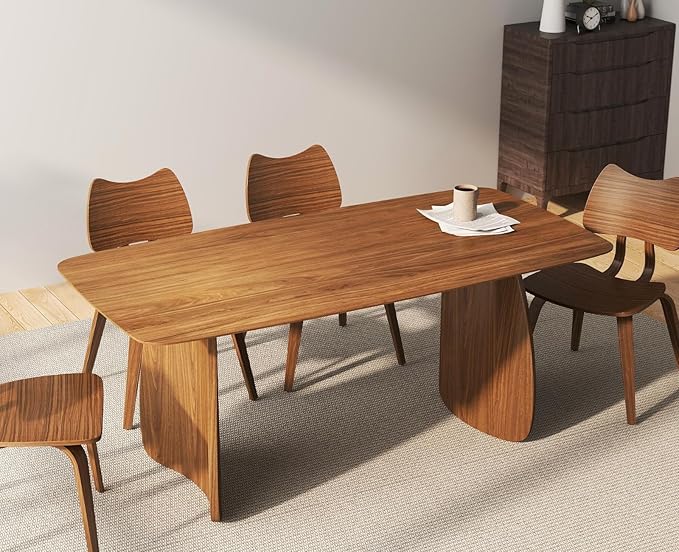 ROCITY 70 Inch Large Dining Table for 6-8 People, Solid Wood Kitchen Table with Curved Wooden Legs, Mid Century Modern Rectangular Long Dinner Table for Dining Room, Walnut