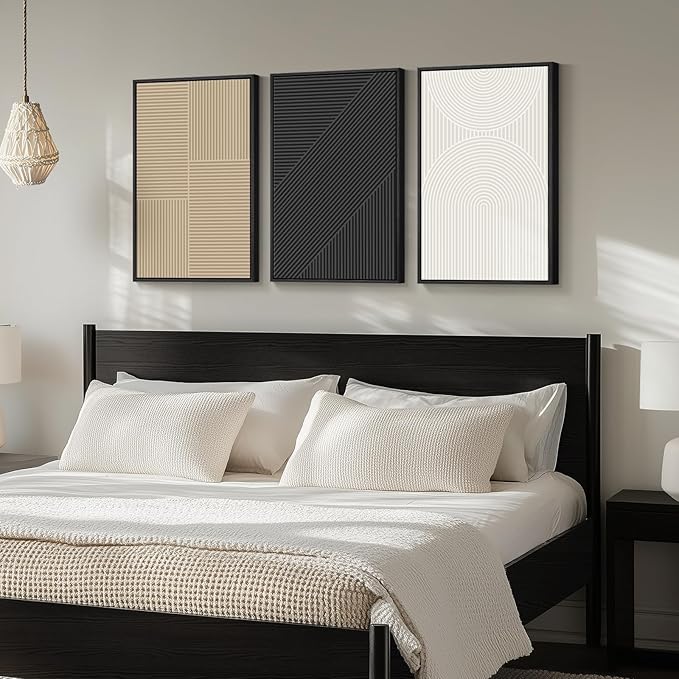 Framed Boho Black and White Abstract Wall Art, Set of 3 Piece Large Modern Neutral Minimalist Canvas Paintings Wall Decor Art Prints Pictures for Living Room, Bathroom, Dining, Office 16x24 Inch