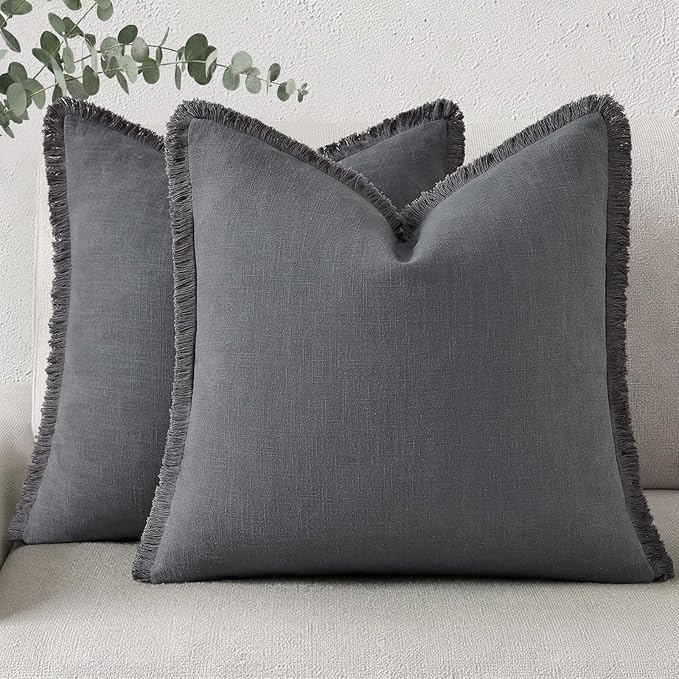 decorUhome Summer Decorative Neutral Linen Fringe Throw Pillow Covers Set of 2 Dark Grey Pillow Covers with Tassels Soft Farmhouse Boho Accent Pillow Cases for Couch Bed Sofa 18x18 Inch