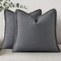decorUhome Summer Decorative Neutral Linen Fringe Throw Pillow Covers Set of 2 Dark Grey Pillow Covers with Tassels Soft Farmhouse Boho Accent Pillow Cases for Couch Bed Sofa 18x18 Inch