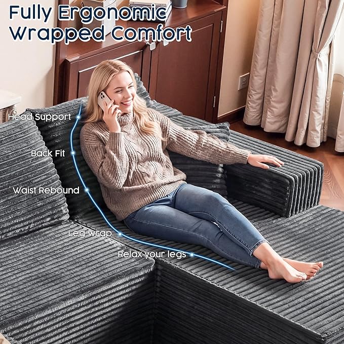 Grey Sectional Couch with Ottoman, 108" Cloud Modular Couch for Living Room, Modern U-Shaped Sofa, No Assembly Required - Plush Corduroy Fabric & Deep Seat Comfort (Left Facing Chaise)