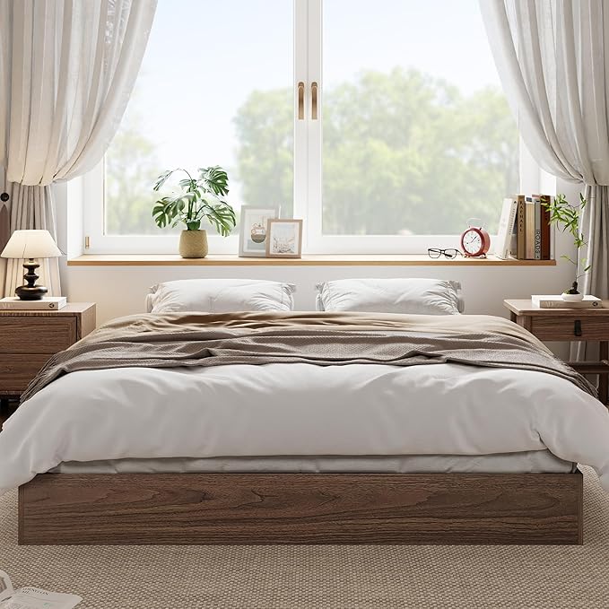 Solid Wood Platform Bed with Sturdy Wooden Slats, Full Size Floor-Standing Bed Frame, Modern Minimalist Design Space-Saving Bed Frame, No Box Spring Needed, Easy Assembly