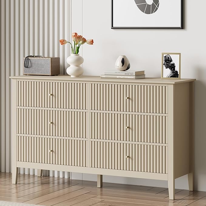 RoyalCraft 6 Drawer Dresser Set of 2, Fluted Modern Wood Dresser, Double Chest of Drawers for Bedroom, TV Stand Storage Cabinet for Living Room, Beige