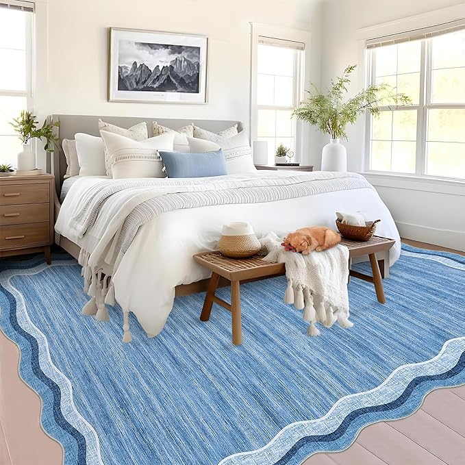 Garvee Scalloped 10x13 Area Rugs for Living Room Large Washable Rugs,Neutral Solid Rug Stain Resistant Non Slip Floor Mat Carpet Indoor Accent Rug for Bedroom Dining Room Playroom Home Decor,Blue