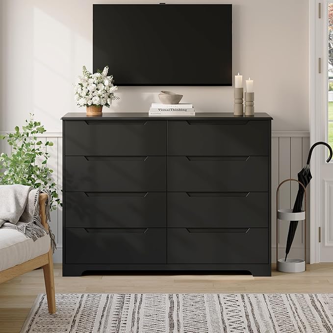 Gizoon 8 Drawer Dresser, 47" Wide Black Dresser for Bedroom with Cut-Out Handles, Modern Wooden Chest of Drawers with Anti-Tip Kit, for Living Room, Hallway, Entryway, Home Office