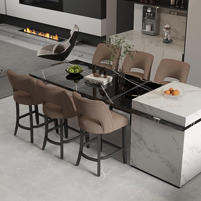 VKNOW Bar Stools Set of 6, 26" Upholstered Counter Height Bar Stools, Modern Counter Stools with Black Legs for Kitchen Island Dining Room Bar, Brown-Black Legs