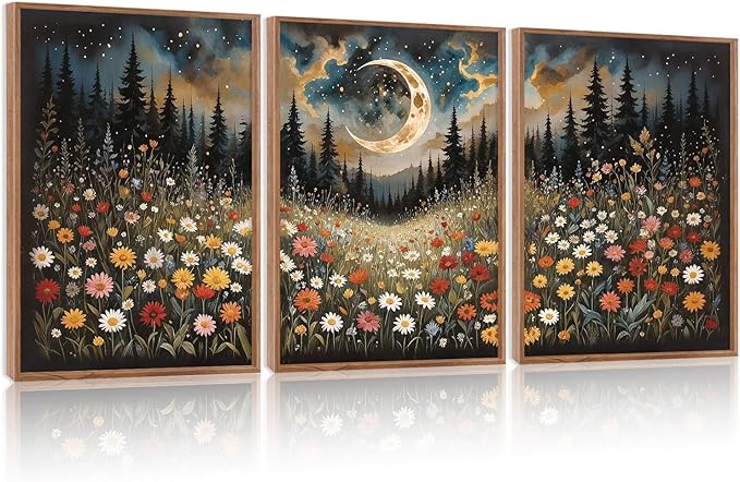 HPINUB Wildflower Moon Forest Framed Canvas Wall Art Set,Nature Pine Tree Wall Decor,Mystical Starry Night Artwork Rustic Mountain Landscape Art Print For Living Room,Bedroom(Set of 3,12X16 Inch)