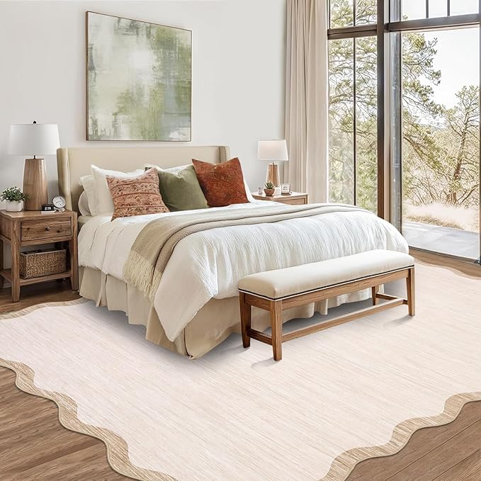 GarveeHome Scalloped Large Living Room Area Rug 8x10 - Machine Washable Modern Rugs Bordered Neutral Rug Non-Shedding Low Pile Farmhouse Carpet for Bedroom Nursery Classroom Dorm 8 ft x10 ft Beige