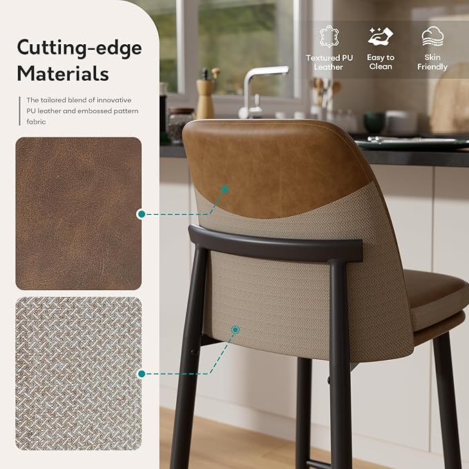 GXJ Bar Stools Set of 4, Upholstered Counter Height Bar Stools, 26 Inch Modern Counter Stools with Back, Textured Leather&Fabric, Metal Legs,Barstools for Kitchen Island Dining Room, Brown