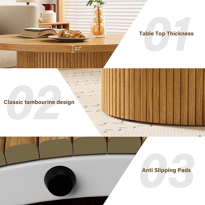 Furniway Round Coffee Table, 35.4" Circle Wide Coffee Table, Wood Table and Center Table for Living Room, Natural